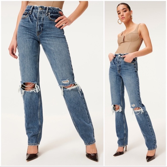 {Good American} Good Icon Straight Leg Distressed Jeans, Size 12/31 - Picture 1 of 9